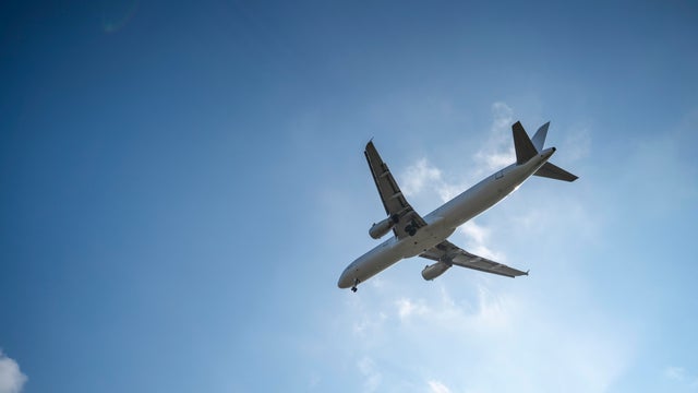 Directly Below Shot Of Airplane Flying In Sky 