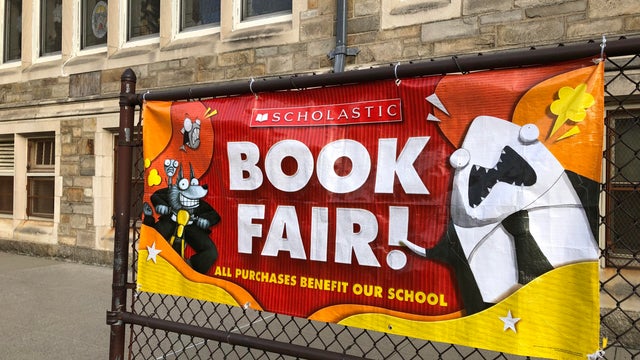 Scholastic Book Fair banner outside Catholic school, Queens, New York 