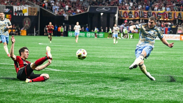 Philadelphia forward Mikael Uhre (7) shoots and scores a second-half goal during the MLS match between Philadelphia Union and Atlanta United FC on April 14 