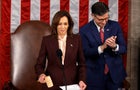Vice President Kamala Harris and Speaker of the House Mike Johnson preside over a joint session of Congress to count the 2024 presidential electoral votes at the U.S. Capitol on Jan. 6, 2025, in Washington, D.C. 