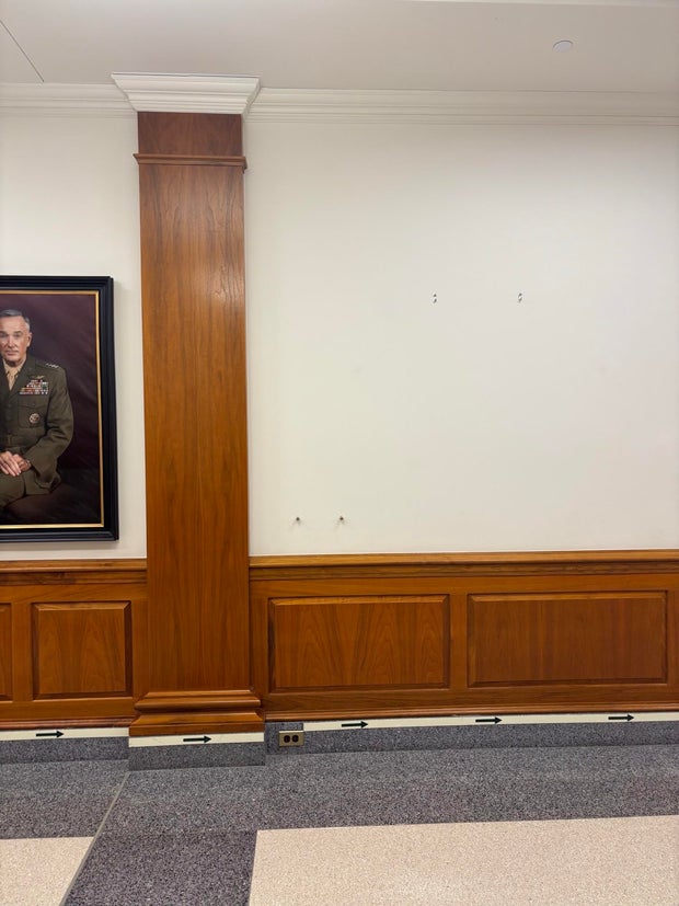 The wall where a portrait of Gen. Mark Milley used to hang at the Pentagon, as seen on Jan. 20, 2025. 